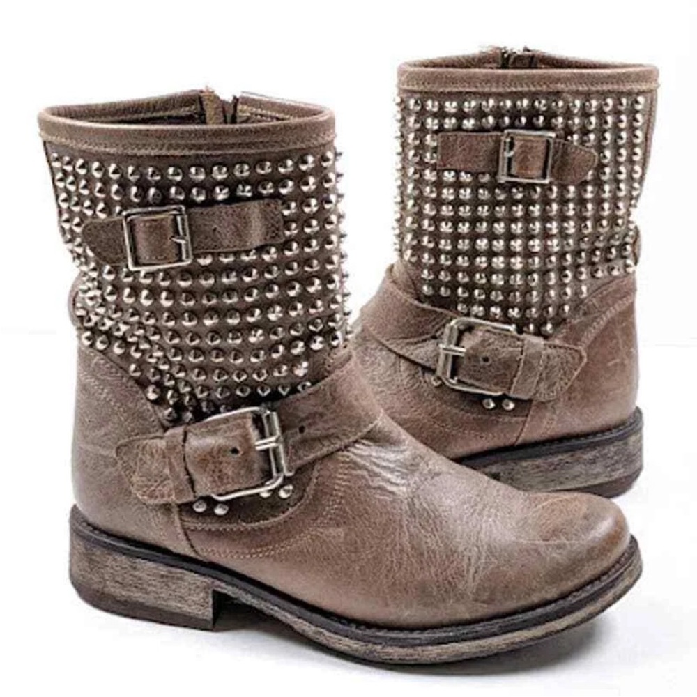Steve Madden Studded Taupe Gray Leather Monica Moto Ankle Boots Size 9.5 - Picture 3 of 8